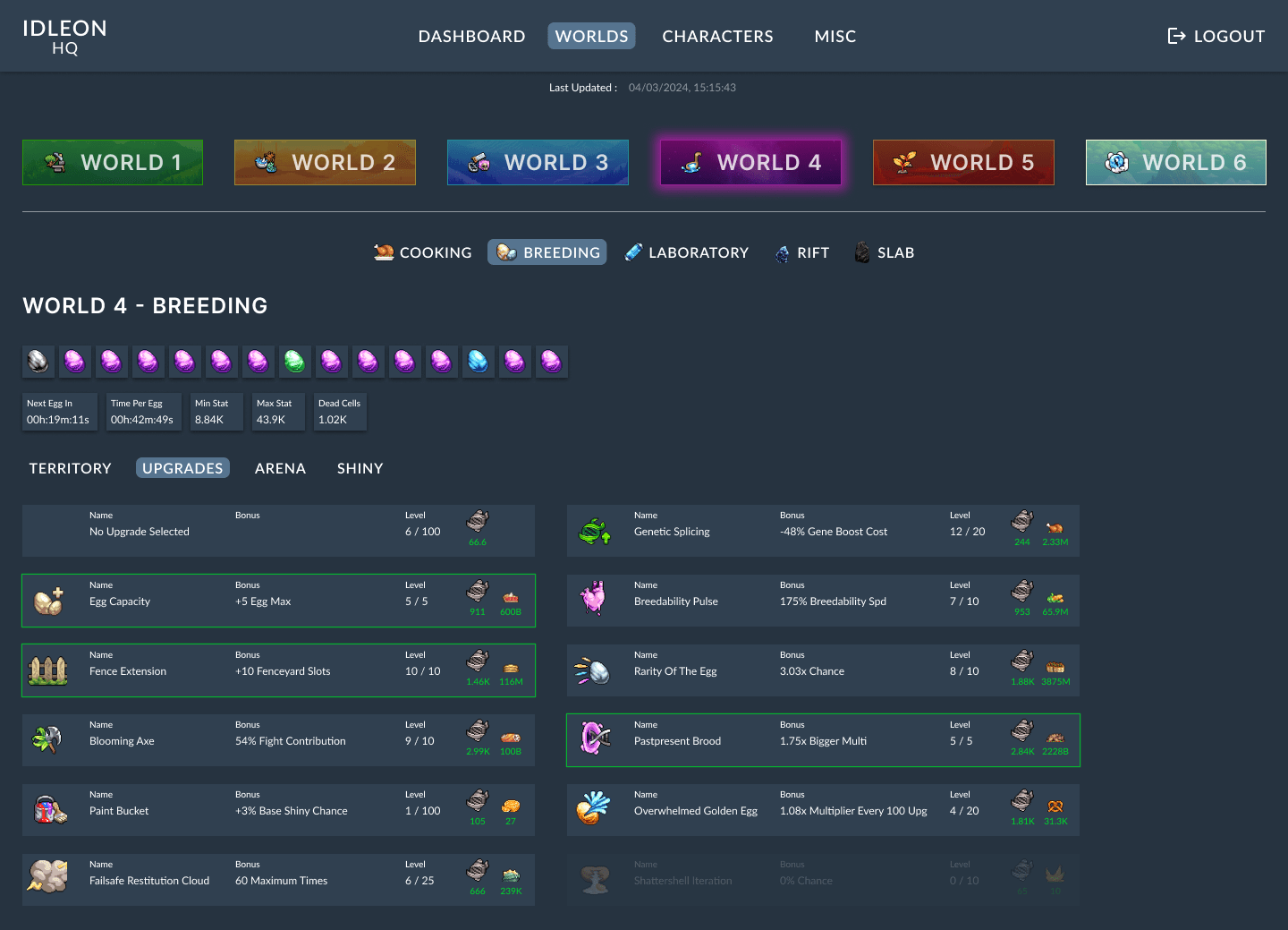 Design frame of the breeding upgrades skill for world 4